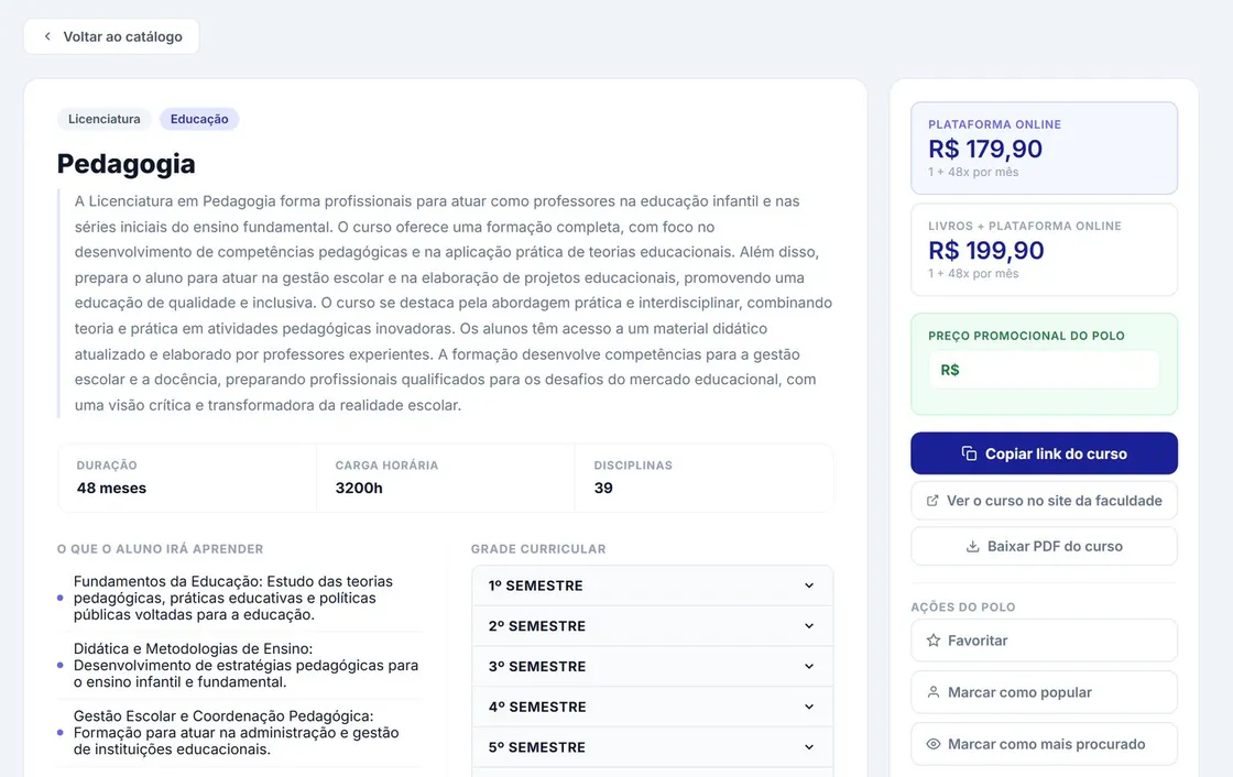 Página de um curso no catálogo do Testora, com preço, grade e o botão de baixar o PDF
