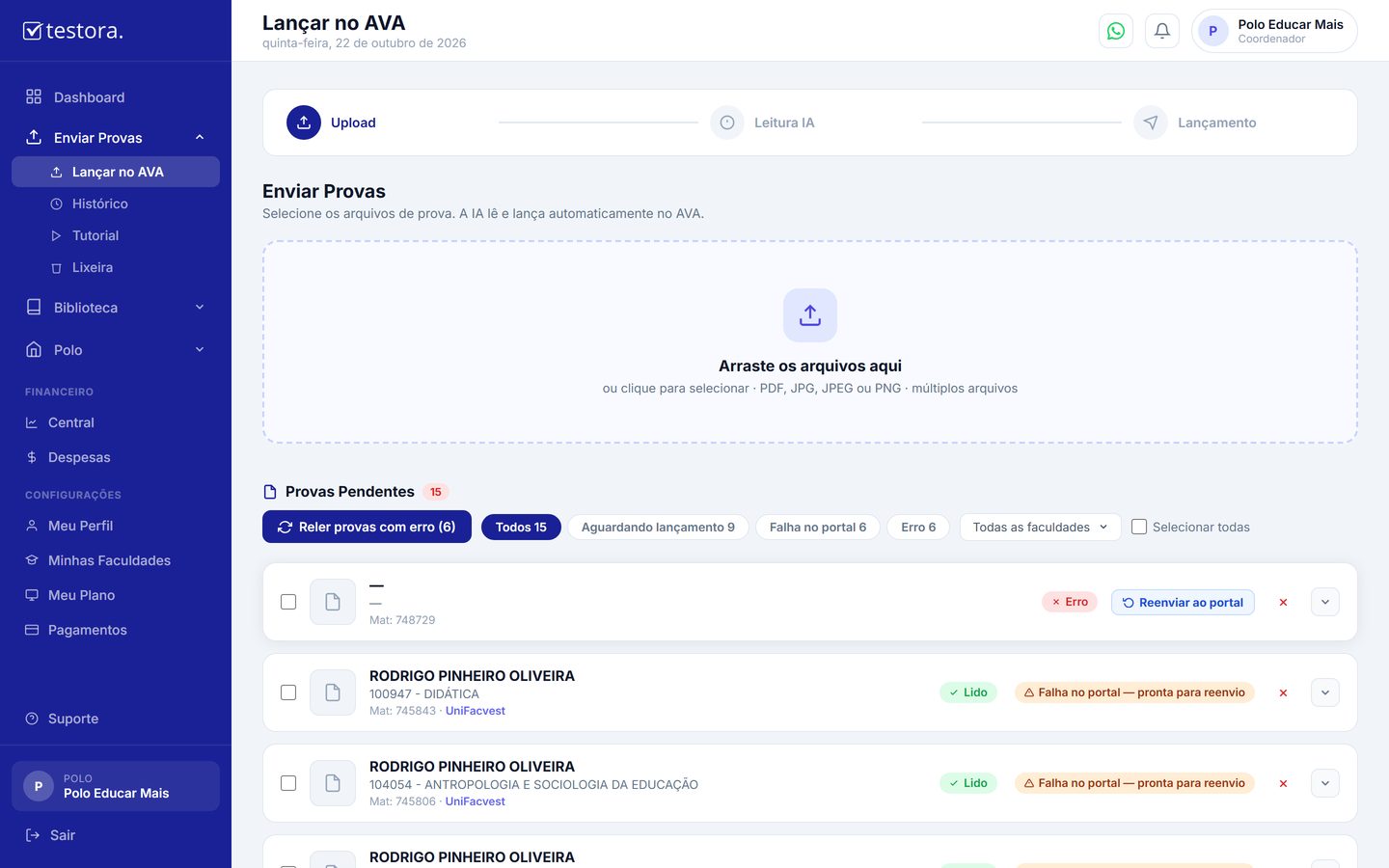 Lançar no AVA: provas lidas pela IA, prontas para o portal